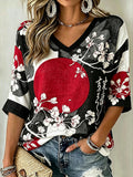 Women's Japanese Art Style Plant Flower Pattern Leisure Linen T-shirt