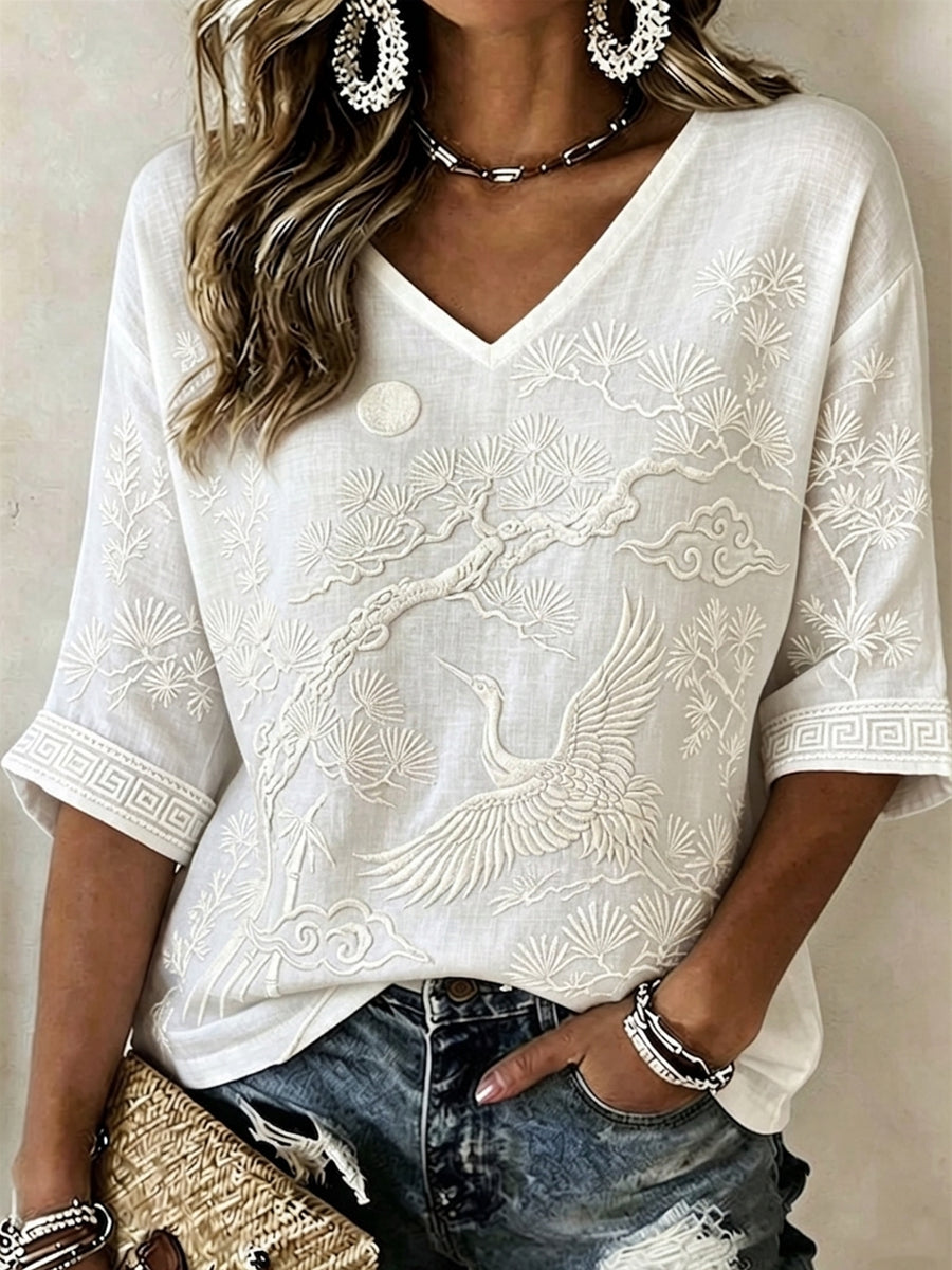 Women's Vintage Japanese Art Print Linen Short-sleeved T-shirt