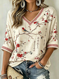 Women's Japanese Art Style Plant Flower Pattern Leisure Linen T-shirt