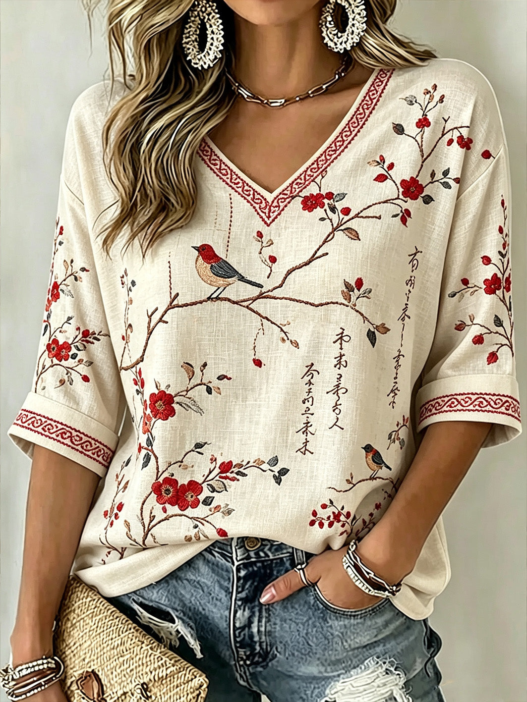 Women's Japanese Art Style Plant Flower Pattern Leisure Linen T-shirt