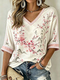 Women's Japanese Art Style Plant Flower Pattern Leisure Linen Mid-length Sleeves T-shirt