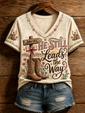 Women's Retro Western Faith Jesus He Still Leads The Way Print Casual V-Neck Tee