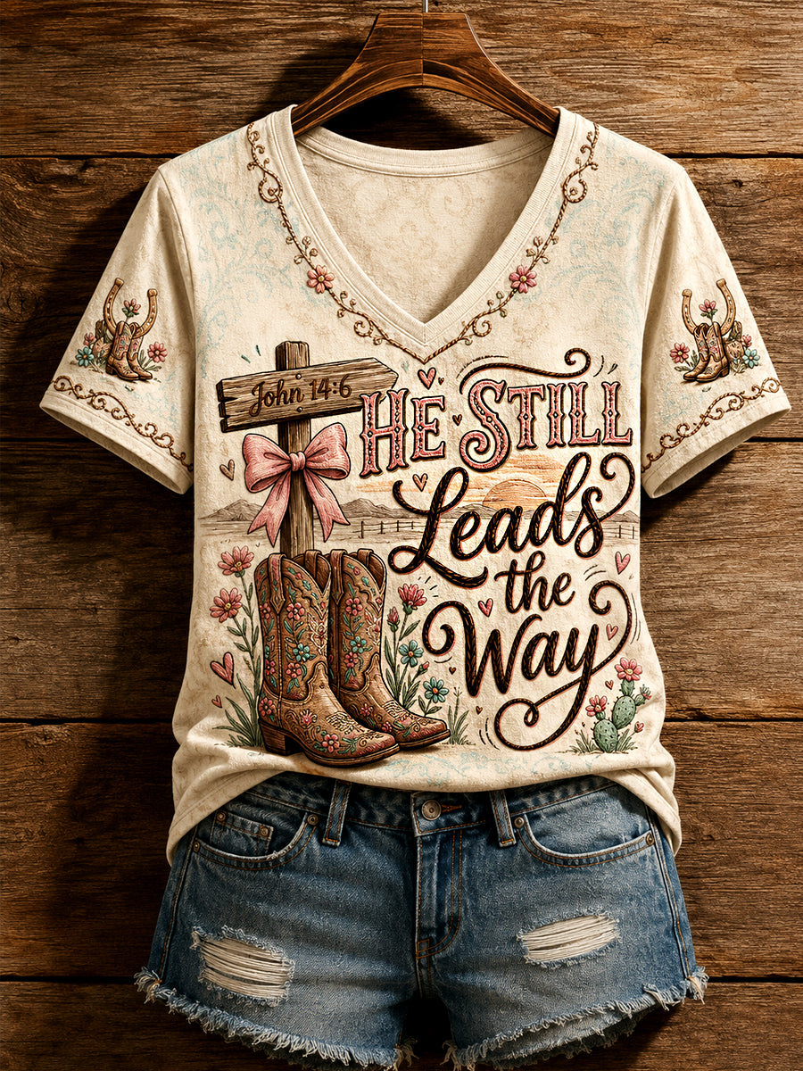 Women's Retro Western Faith Jesus He Still Leads The Way Print Casual V-Neck Tee