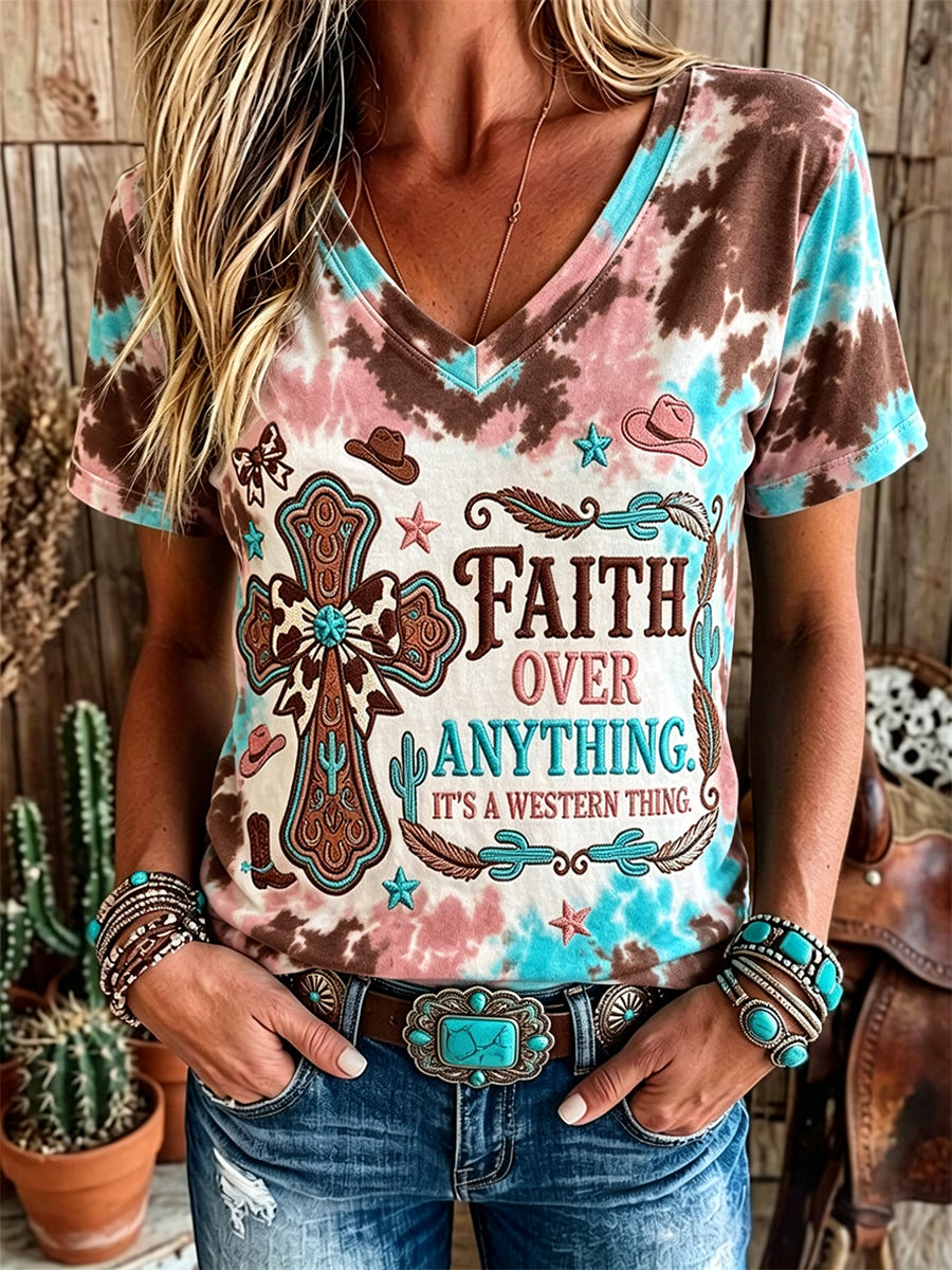 Women's Western Faith Over Anything Cross Print Short-sleeved T-shirt