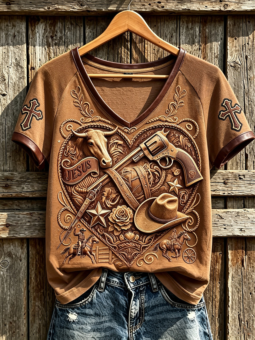 Women's retro western style faith slogan pattern printed casual short-sleeve T-shirt