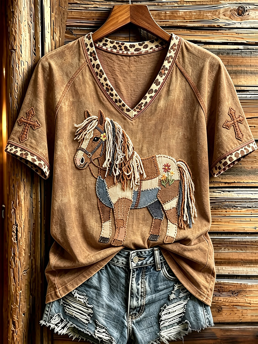 Women's Vintage Western Patchwork Horse Art Cross Print V-neck Short-sleeved T-shirt