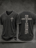 Men's Christian John 3:16 For God So Loved The World Cross Short Sleeve V-neck T-shirt