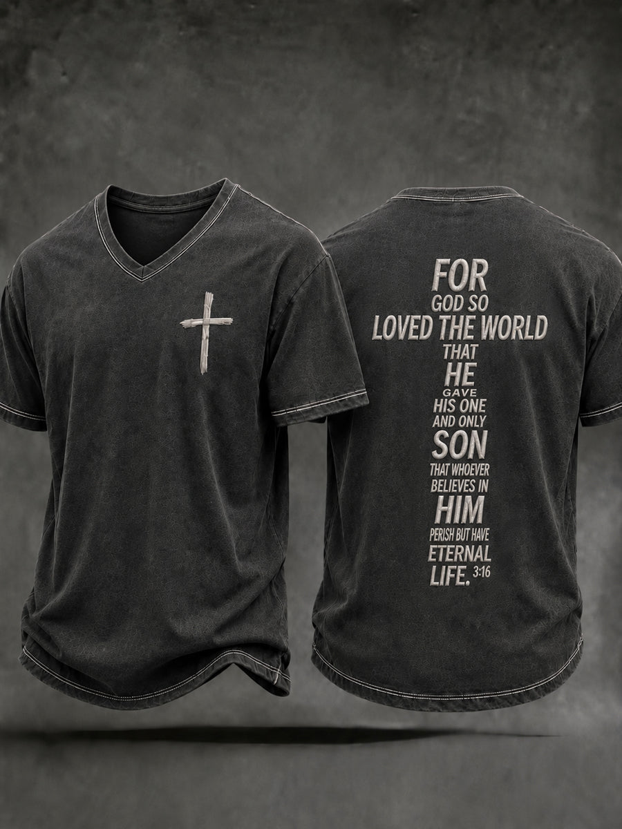 Men's Christian John 3:16 For God So Loved The World Cross Short Sleeve V-neck T-shirt