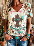 Women's Western Boots Jeans & Jesus Faith Cross Print Short-sleeved T-shirt