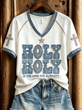 Women's Vintage Holy Glitter Denim Art Print short-sleeved T-shirt