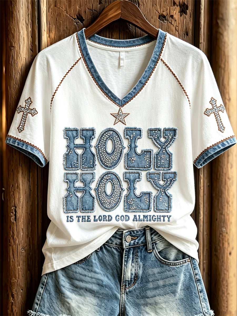 Women's Vintage Holy Glitter Denim Art Print short-sleeved T-shirt