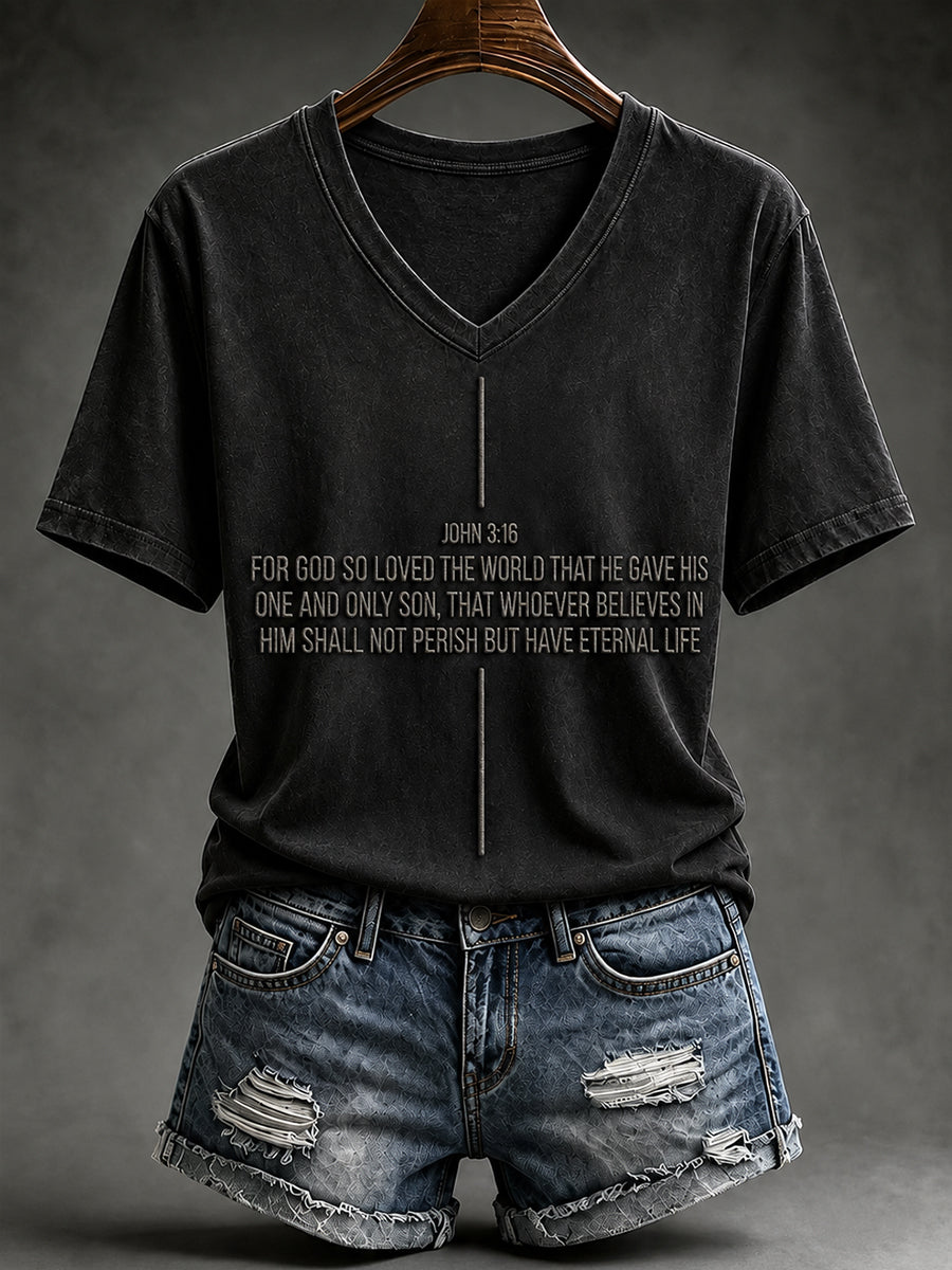 Women's Christian John 3:16 For God So Loved The World Cross Short Sleeve V-neck T-shirt