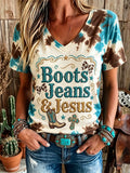 Women's Western Boots Jeans & Jesus Faith Cross Print Short-sleeved T-shirt