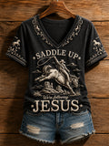 Women's Retro Western Saddle Up We're Following Jesus Cowboy Print Casual V-Neck Tee