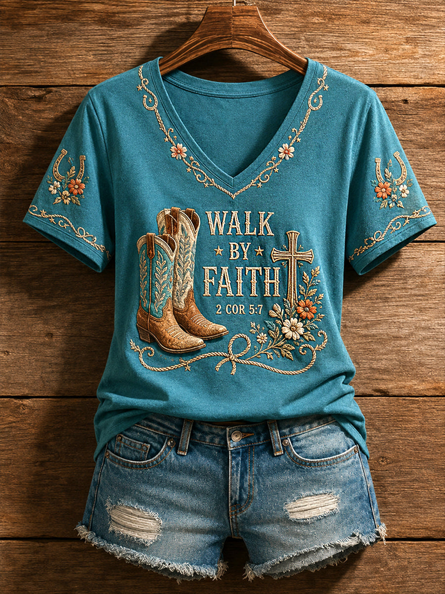 Women's Retro Western Faith Boots Print Casual V-Neck Tee
