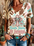 Women's Western Boots Jeans & Jesus Faith Cross Print Short-sleeved T-shirt
