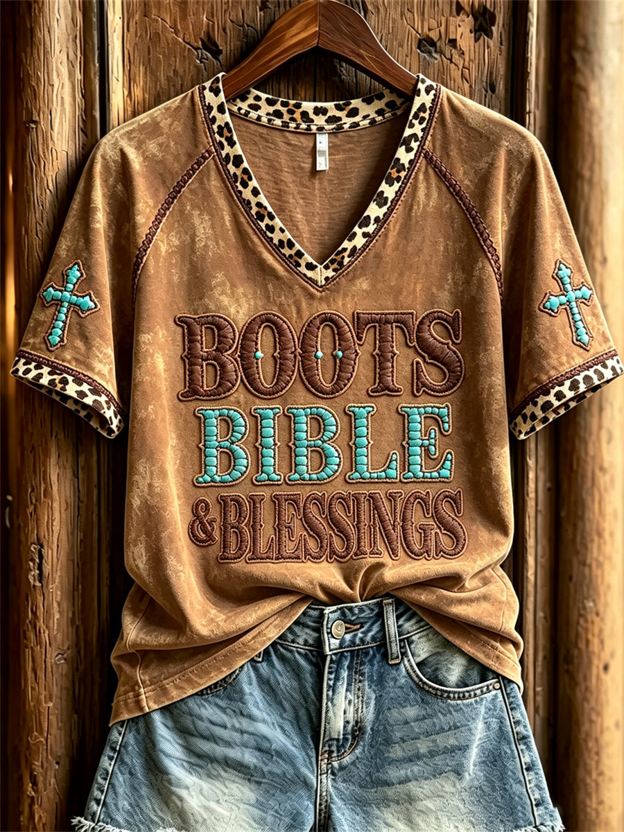 Women's Boots Bible Blessings Turquoise Cross Leopard Print short-sleeved T-shirt