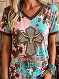 Women's Western Boots Jeans & Jesus Faith Cross Print Short-sleeved T-shirt