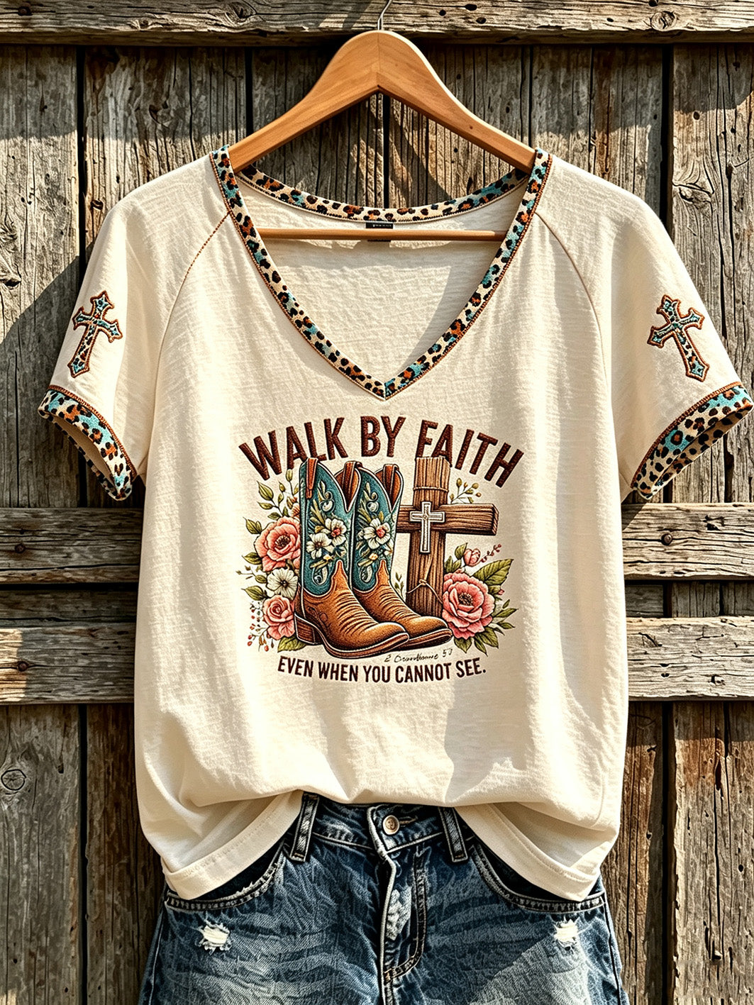 Women's retro western style faith slogan pattern printed casual short-sleeve T-shirt