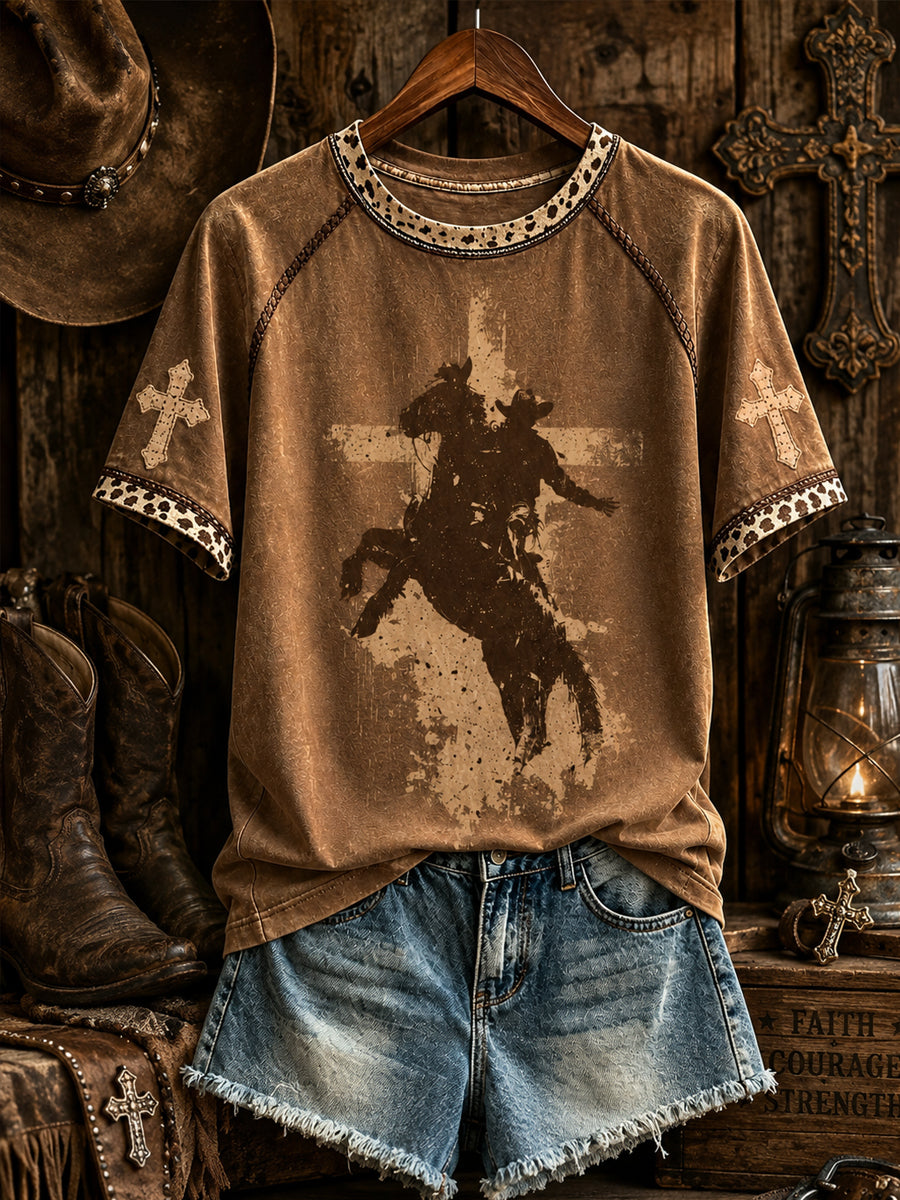 Women's Retro Western Christian Cross Short Sleeve T-shirt