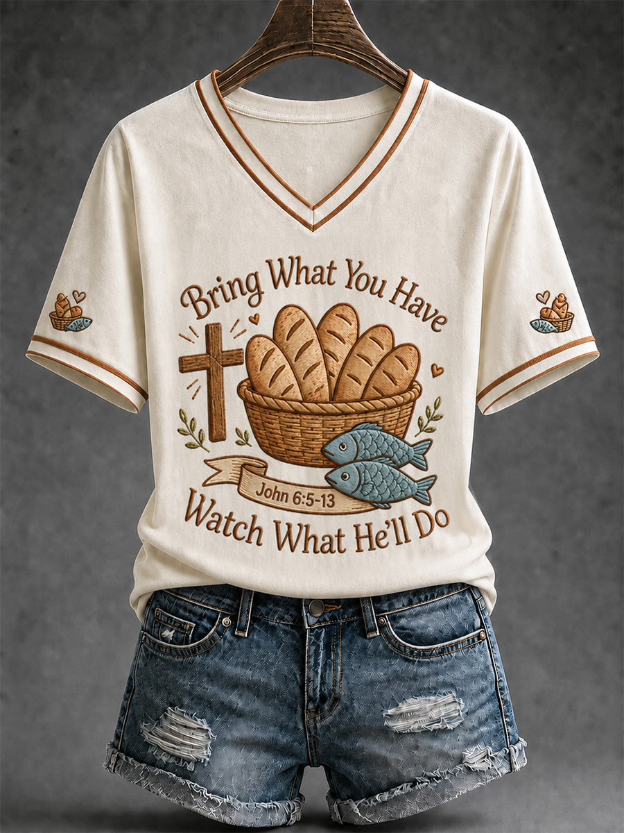 Women's Jesus 2 Fishes 5 Breads 5000 Chosen Against The Current Print Casual V-Neck Tee