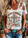 Women's Western Cowgirl Freedom Faith Cross Print Short-sleeved T-shirt