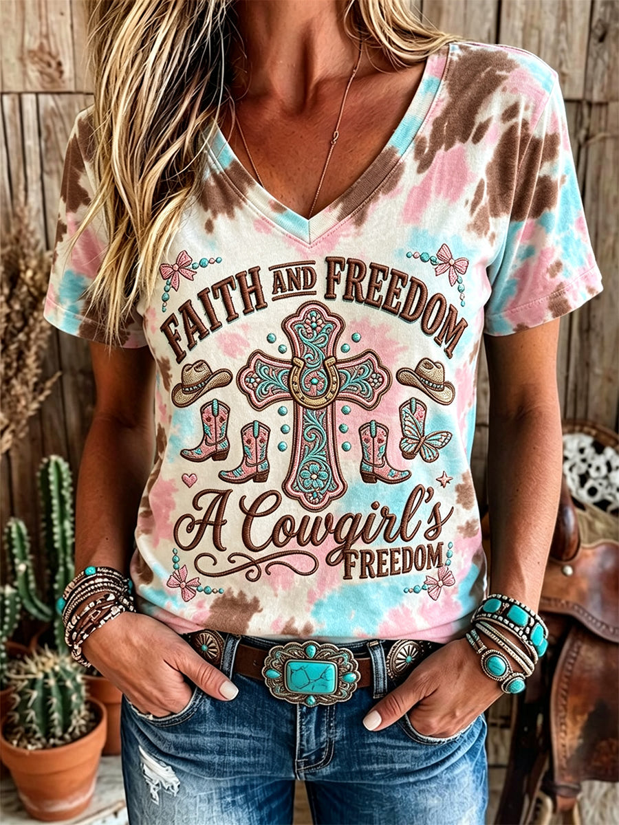Women's Western Cowgirl Freedom Faith Cross Print Short-sleeved T-shirt