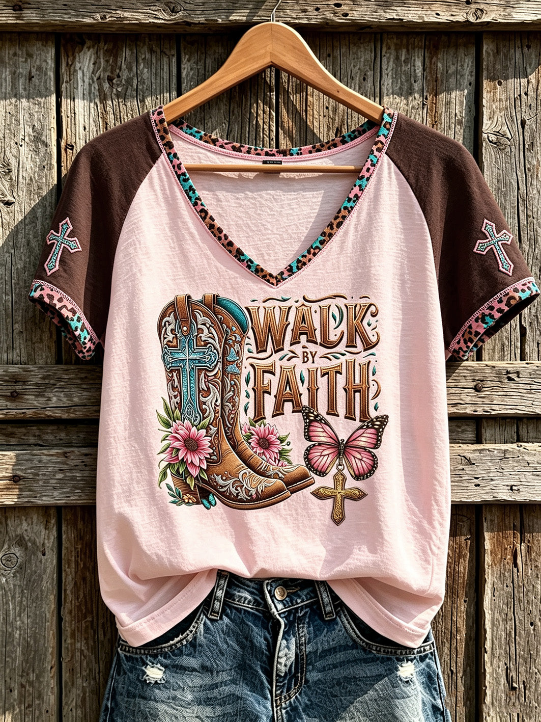 Women's retro western style faith slogan pattern printed casual short-sleeve T-shirt
