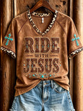 Women's Ride with Jesus Turquoise Cross Leopard Print short-sleeved T-shirt