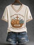 Women's Jesus 2 Fishes 5 Breads 5000 Chosen Against The Current Print Casual V-Neck Tee