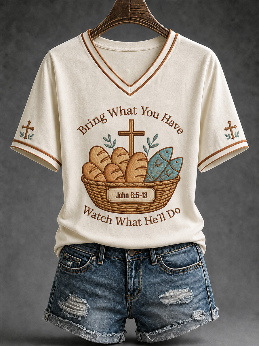 Women's Jesus 2 Fishes 5 Breads 5000 Chosen Against The Current Print Casual V-Neck Tee