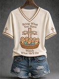 Women's Jesus 2 Fishes 5 Breads 5000 Chosen Against The Current Print Casual V-Neck Tee