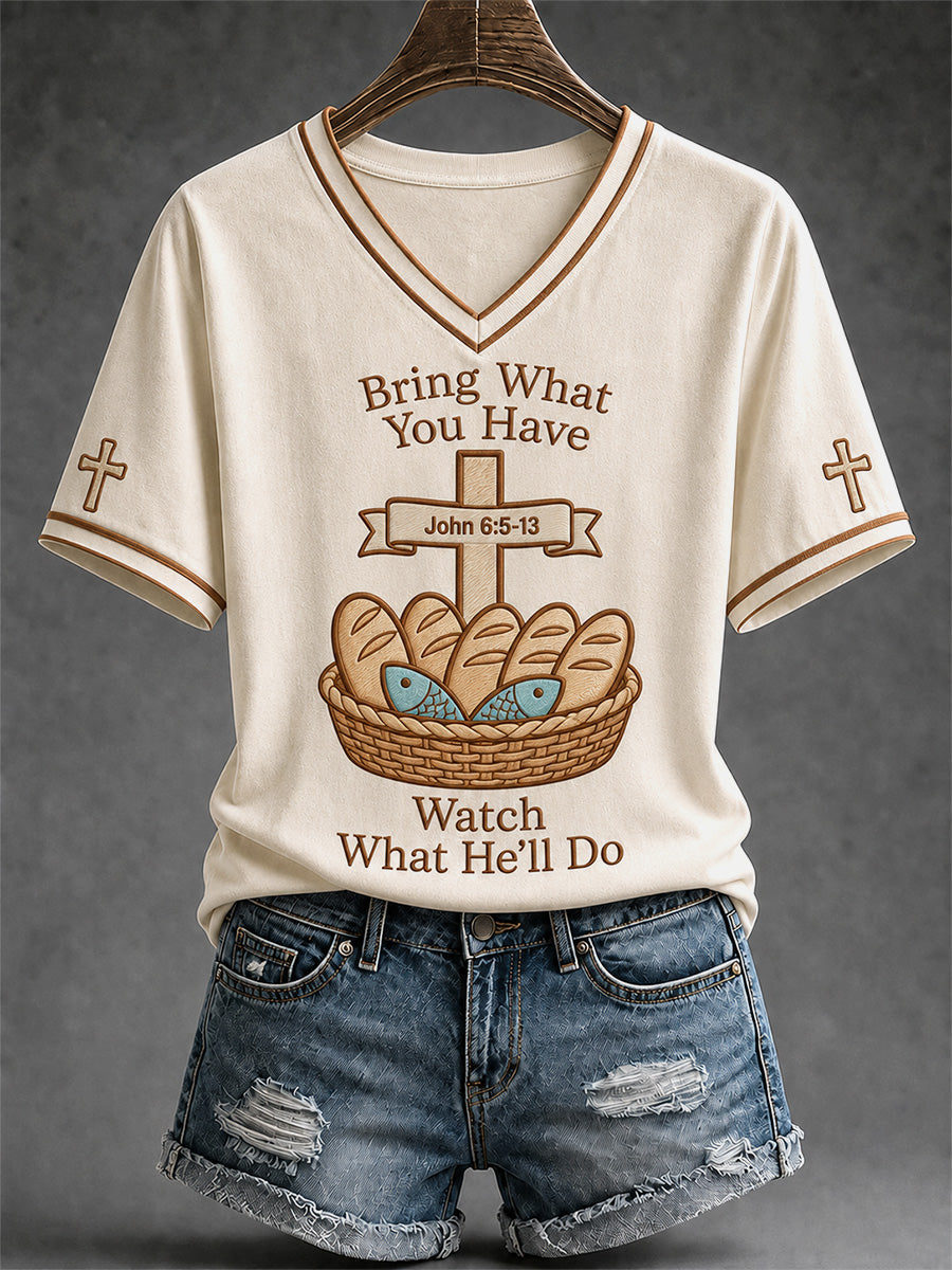 Women's Jesus 2 Fishes 5 Breads 5000 Chosen Against The Current Print Casual V-Neck Tee