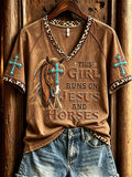 Women's This Girl Runs on Jesus and Horses Turquoise Cross Print short-sleeved T-shirt