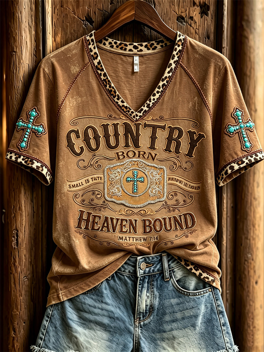 Women's Country Born Heaven Bound Turquoise Cross Print short-sleeved T-shirt