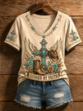 Women's Retro Western Guided By Faith Print Casual V-Neck Tee