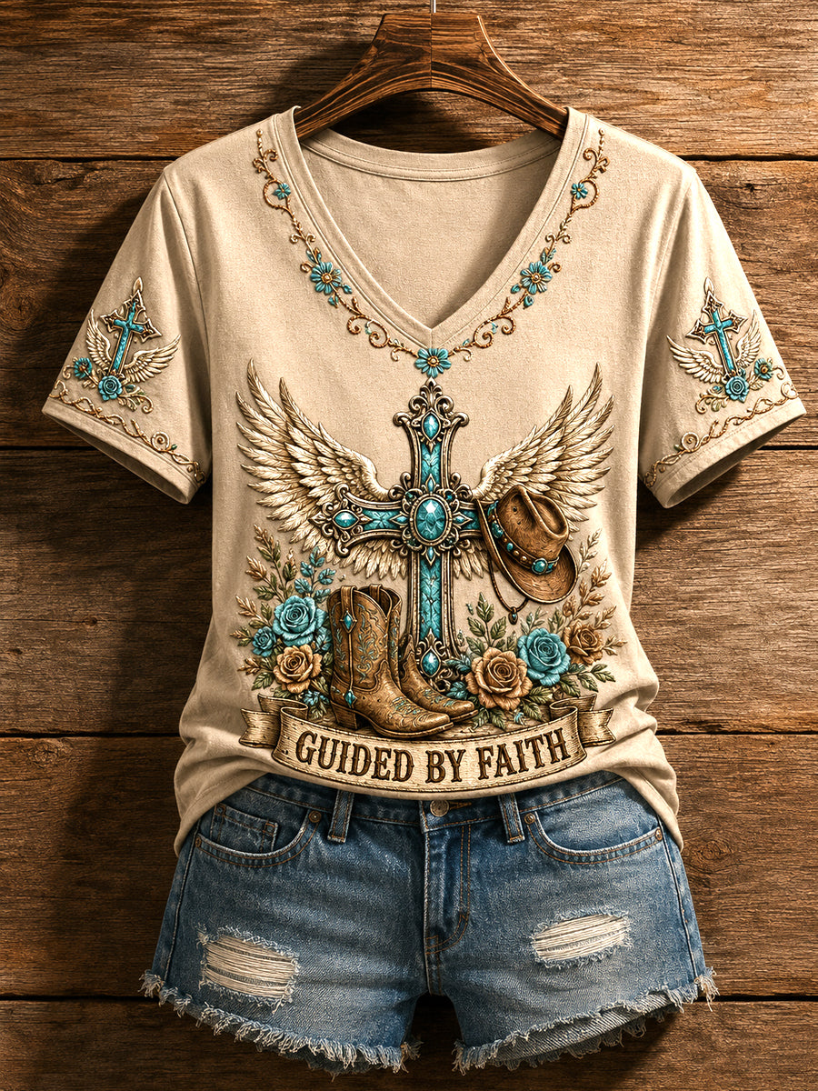 Women's Retro Western Guided By Faith Print Casual V-Neck Tee