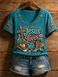 Women's Retro Western Faith Jesus Loves Me Boots Print Casual V-Neck Tee