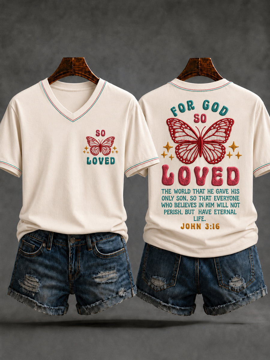 Women's Christian John 3:16 For God So Loved The World Cross Short Sleeve V-neck T-shirt