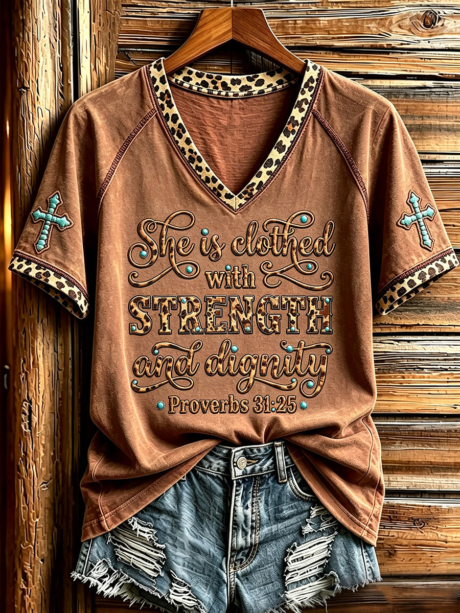 Women's Western Leopard Christian Quotes Print V-neck Short-sleeved T-shirt