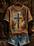 Women's Retro Western Christian Cross Short Sleeve T-shirt