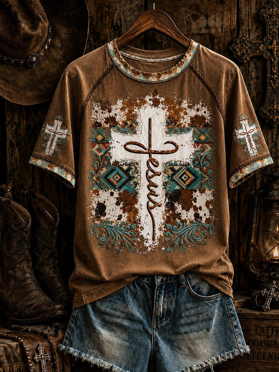 Women's Retro Western Christian Jesus Cross Short Sleeve T-shirt