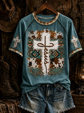 Women's Retro Western Christian Jesus Cross Short Sleeve T-shirt