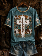 Women's Retro Western Christian Jesus Cross Short Sleeve T-shirt