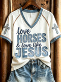 Women's Love Horses & Love Like Jesus Vintage Denim Art short-sleeved T-shirt