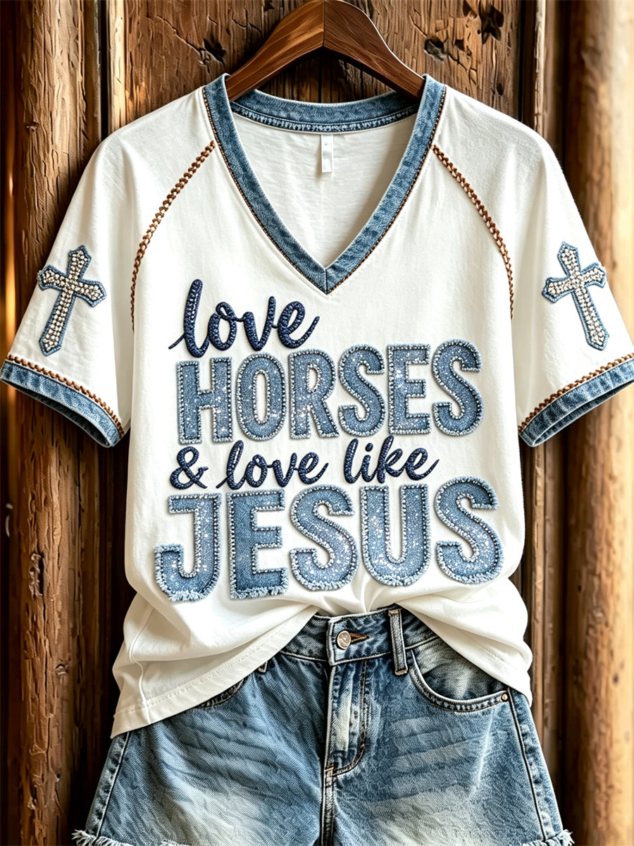 Women's Love Horses & Love Like Jesus Vintage Denim Art short-sleeved T-shirt