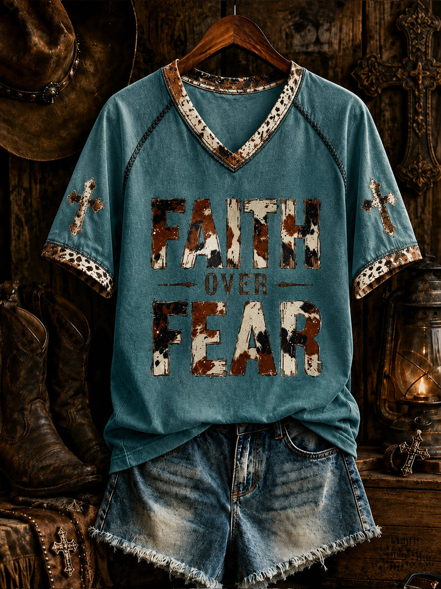 Women's Retro Western Christian Faith Over Fear Cross Short Sleeve T-shirt