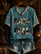 Women's Retro Western Christian Faith Over Fear Cross Short Sleeve T-shirt