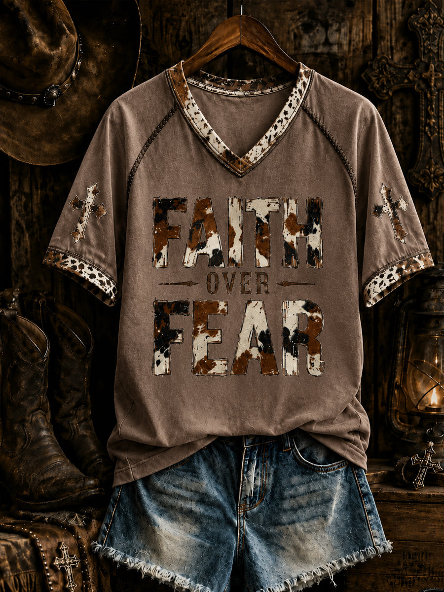 Women's Retro Western Christian Faith Over Fear Cross Short Sleeve T-shirt