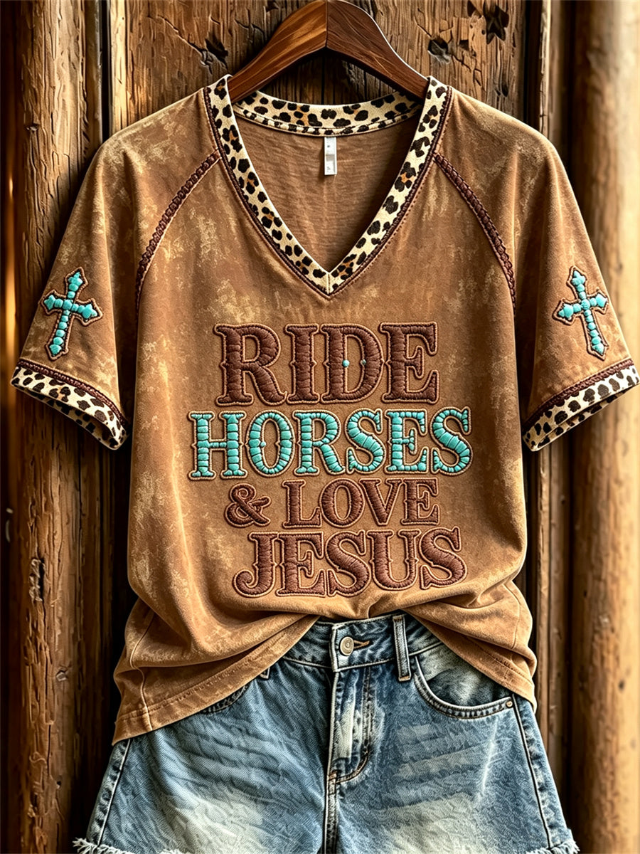 Women's Ride Horses & Love Jesus Turquoise Cross Leopard Print short-sleeved T-shirt